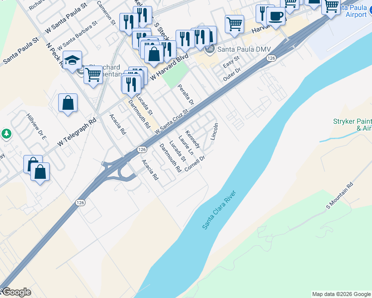 map of restaurants, bars, coffee shops, grocery stores, and more near 426 Laurie Lane in Santa Paula