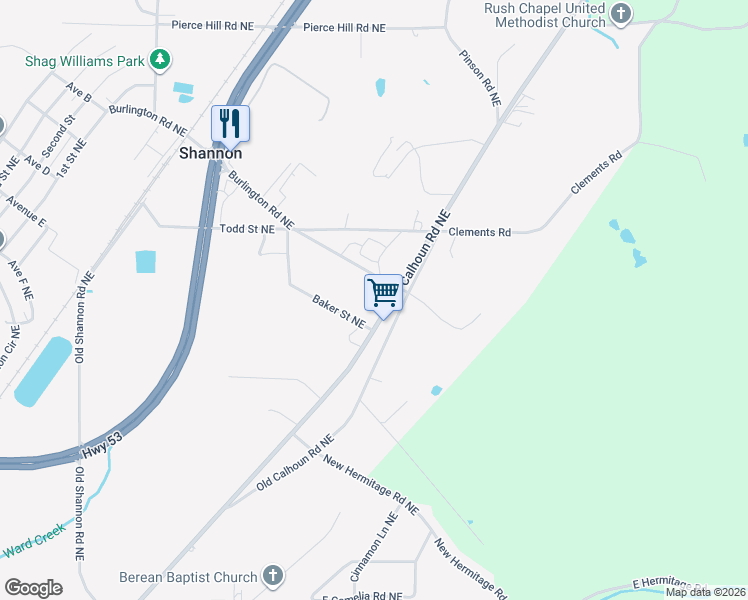 map of restaurants, bars, coffee shops, grocery stores, and more near 4573 Calhoun Road Northeast in Rome
