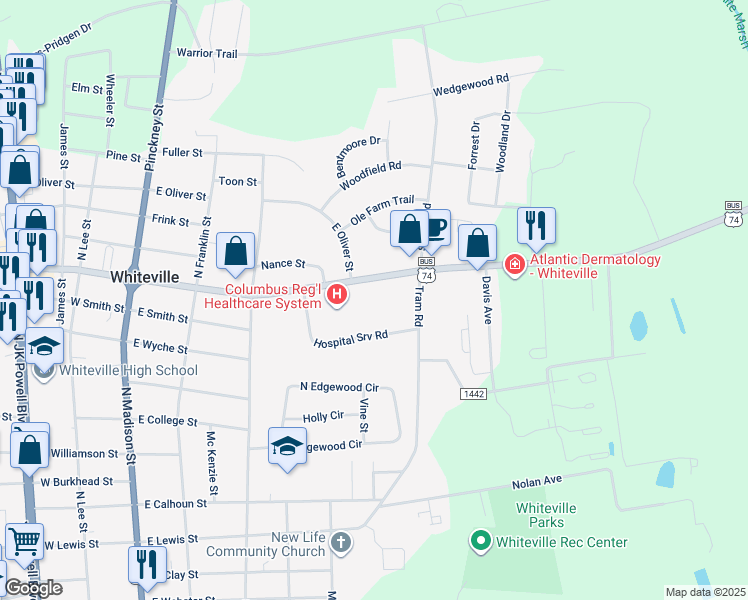 map of restaurants, bars, coffee shops, grocery stores, and more near 502 Jefferson Street in Whiteville