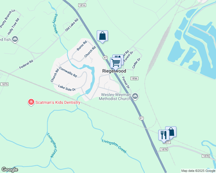 map of restaurants, bars, coffee shops, grocery stores, and more near 208 Cornwallis Road in Riegelwood
