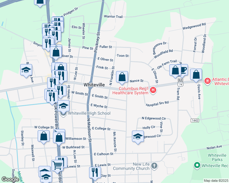 map of restaurants, bars, coffee shops, grocery stores, and more near 206 Jefferson Street in Whiteville