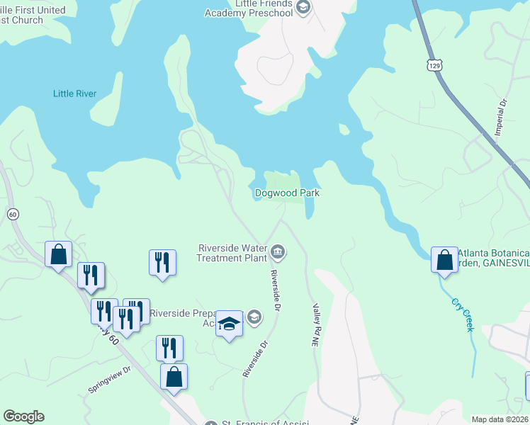 map of restaurants, bars, coffee shops, grocery stores, and more near 2173 Dawn Court in Gainesville