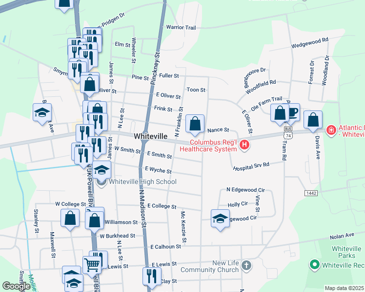 map of restaurants, bars, coffee shops, grocery stores, and more near 206 Jefferson Street in Whiteville