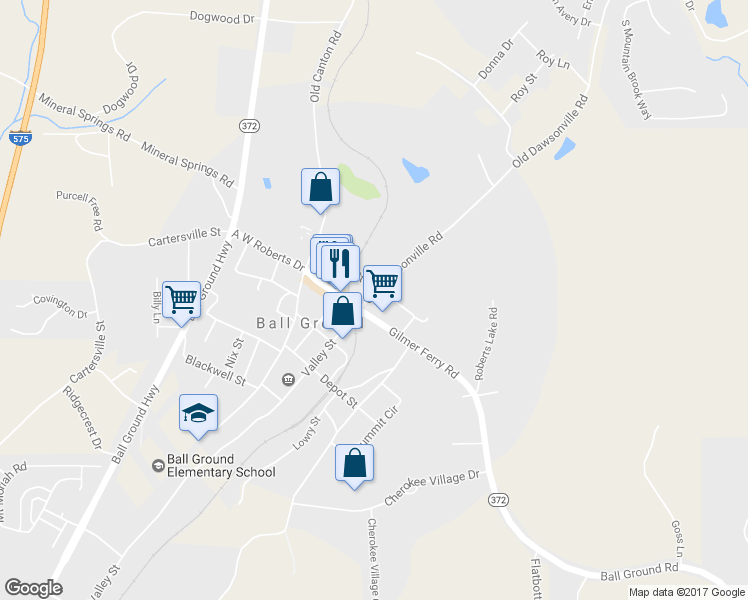 map of restaurants, bars, coffee shops, grocery stores, and more near 315 Gilmer Ferry Rd in Ball Ground