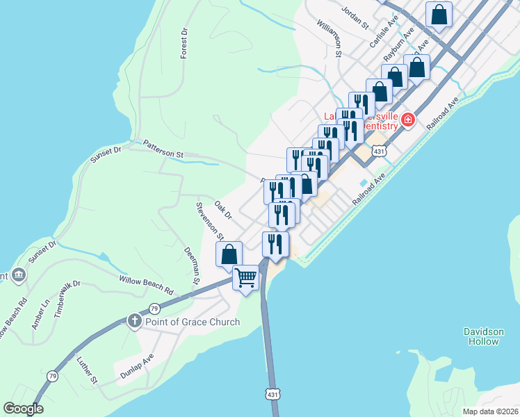 map of restaurants, bars, coffee shops, grocery stores, and more near 2049 Obrig Avenue in Guntersville