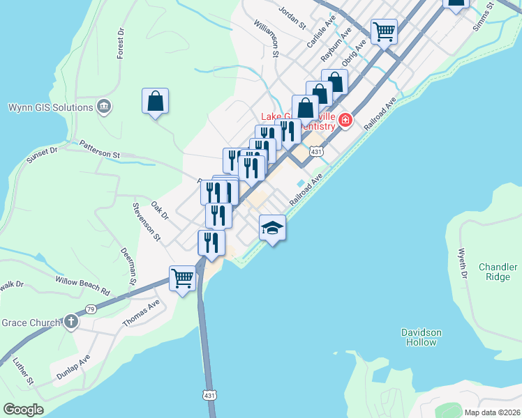 map of restaurants, bars, coffee shops, grocery stores, and more near 3RD Bonds Lane in Guntersville