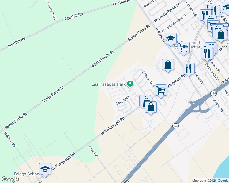 map of restaurants, bars, coffee shops, grocery stores, and more near Apricot Way in Santa Paula