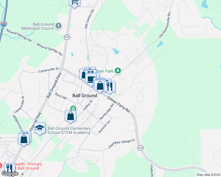 map of restaurants, bars, coffee shops, grocery stores, and more near 388 Groover Street in Ball Ground