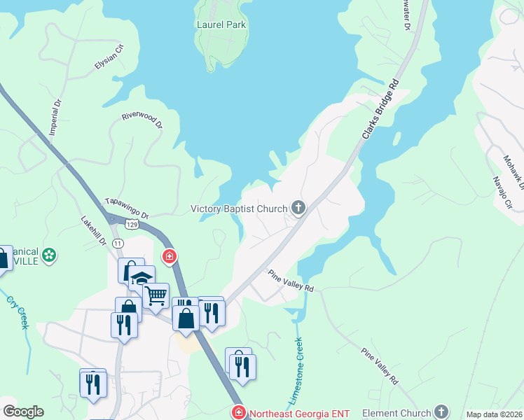 map of restaurants, bars, coffee shops, grocery stores, and more near 2840 Evergreen Place in Gainesville