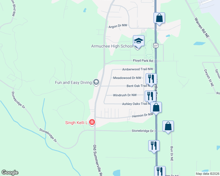 map of restaurants, bars, coffee shops, grocery stores, and more near 44 Ashley Oaks Trail Northwest in Rome