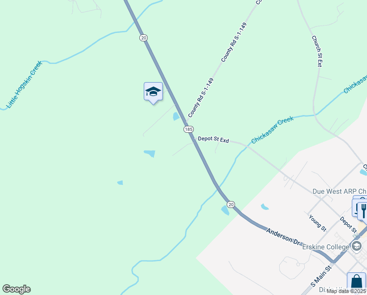 map of restaurants, bars, coffee shops, grocery stores, and more near Twin Creeks Drive in Abbeville County