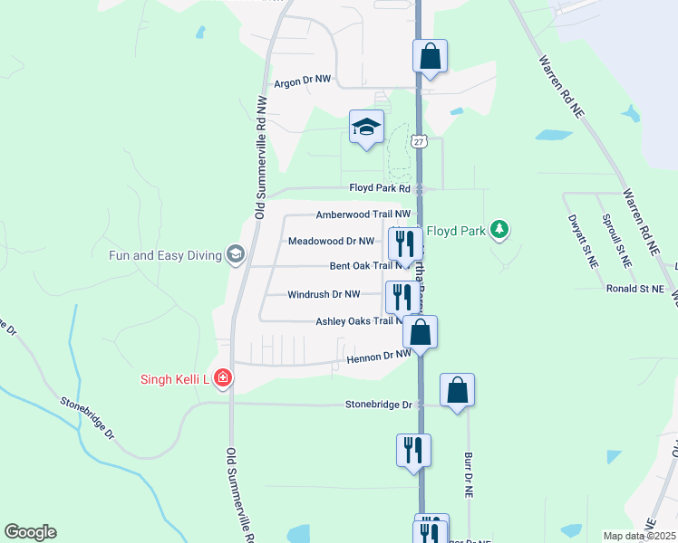 map of restaurants, bars, coffee shops, grocery stores, and more near 23 Bent Oak Trail Northwest in Rome