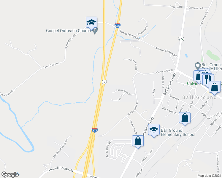 map of restaurants, bars, coffee shops, grocery stores, and more near 122 Covington Dr in Ball Ground