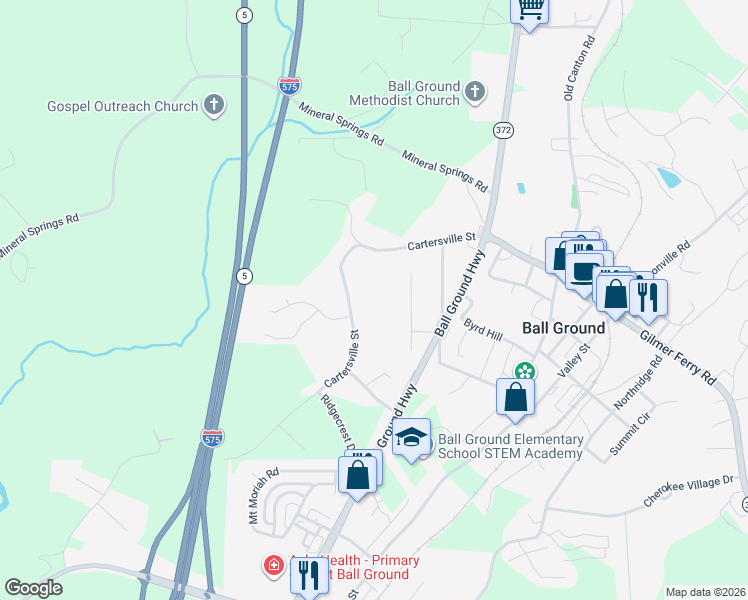map of restaurants, bars, coffee shops, grocery stores, and more near 145 Billy Lane in Ball Ground
