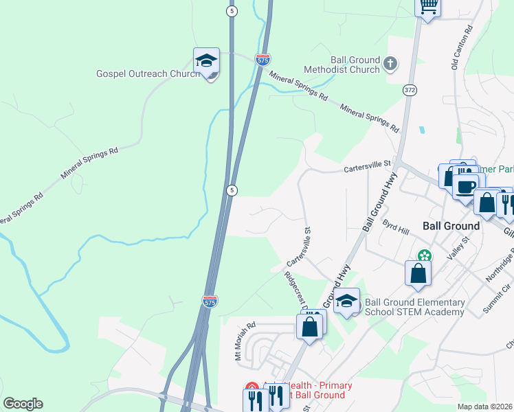 map of restaurants, bars, coffee shops, grocery stores, and more near 116 Covington Drive in Ball Ground