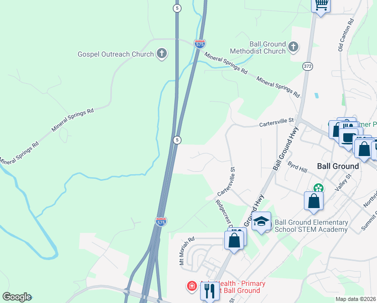map of restaurants, bars, coffee shops, grocery stores, and more near 122 Covington Drive in Ball Ground