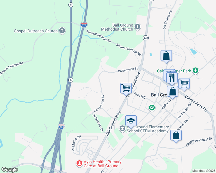 map of restaurants, bars, coffee shops, grocery stores, and more near 145 Billy Lane in Ball Ground
