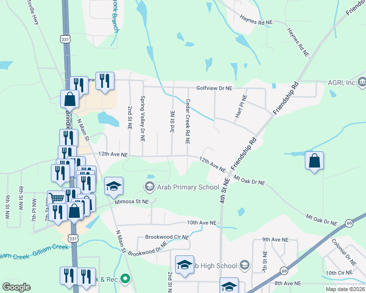 map of restaurants, bars, coffee shops, grocery stores, and more near 1200 Cedar Creek Road Northeast in Arab