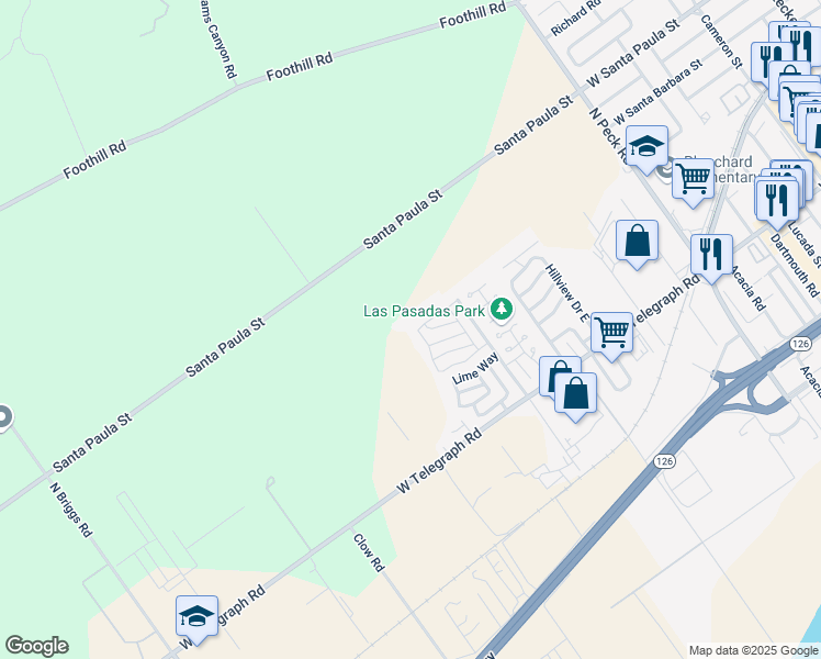 map of restaurants, bars, coffee shops, grocery stores, and more near 265 Beckwith Road in Santa Paula