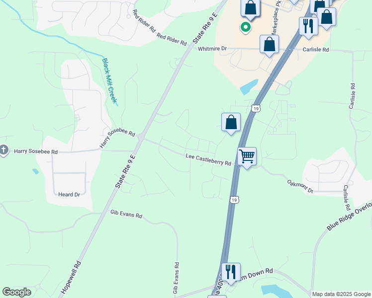 map of restaurants, bars, coffee shops, grocery stores, and more near 209 Lee Castleberry Road in Dawsonville