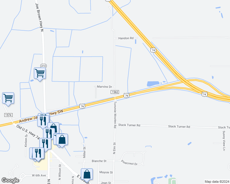 map of restaurants, bars, coffee shops, grocery stores, and more near Tommie Wooten Road in Chadbourn