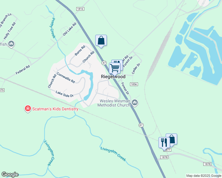 map of restaurants, bars, coffee shops, grocery stores, and more near 106 Green Road in Riegelwood