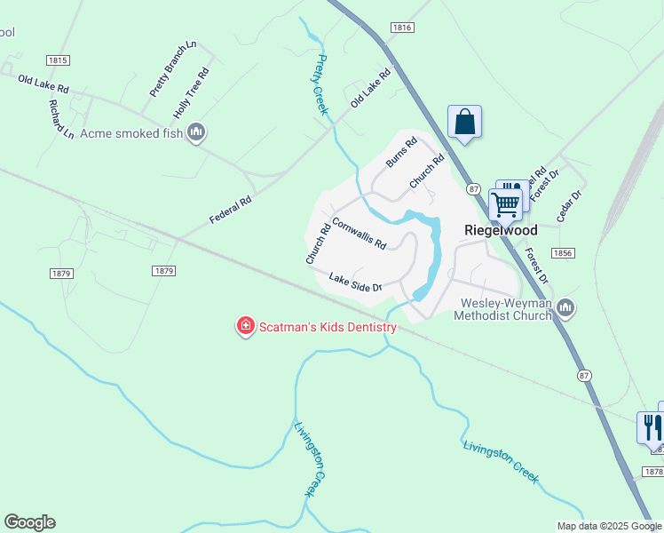 map of restaurants, bars, coffee shops, grocery stores, and more near 644 Lake Side Drive in Riegelwood