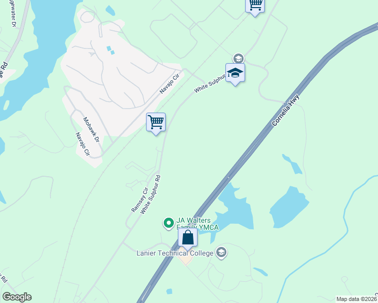 map of restaurants, bars, coffee shops, grocery stores, and more near 2640 White Sulphur Road in Gainesville