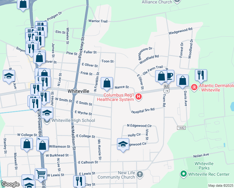 map of restaurants, bars, coffee shops, grocery stores, and more near 309 Jefferson Street in Whiteville