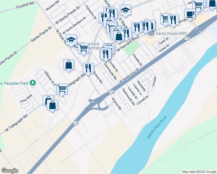 map of restaurants, bars, coffee shops, grocery stores, and more near 440 Acacia Road in Santa Paula