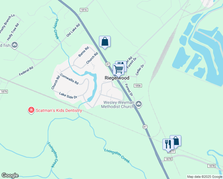 map of restaurants, bars, coffee shops, grocery stores, and more near 104 Green Road in Riegelwood