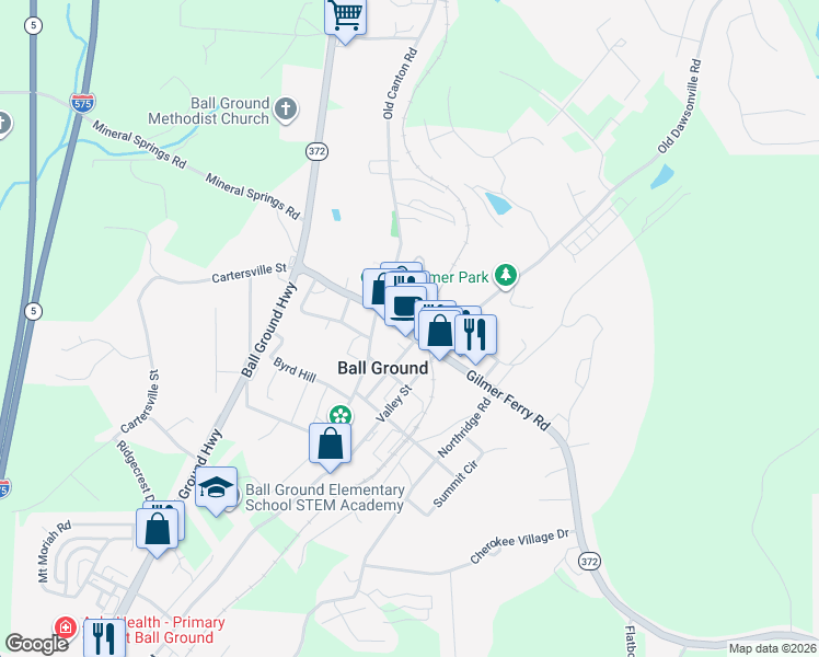map of restaurants, bars, coffee shops, grocery stores, and more near 250 Gilmer Ferry Road in Ball Ground