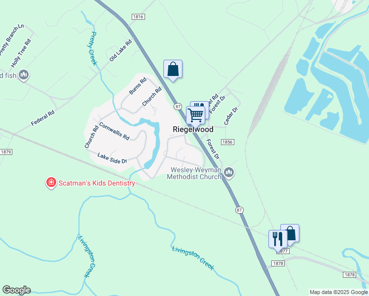map of restaurants, bars, coffee shops, grocery stores, and more near 104 Green Road in Riegelwood