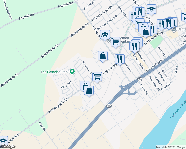 map of restaurants, bars, coffee shops, grocery stores, and more near 975 West Telegraph Road in Santa Paula
