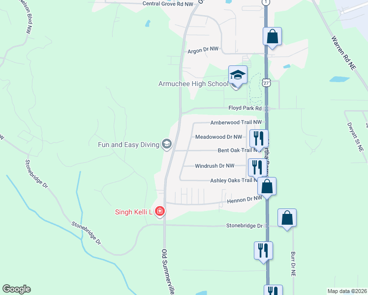 map of restaurants, bars, coffee shops, grocery stores, and more near 44 Ashley Oaks Trail Northwest in Rome