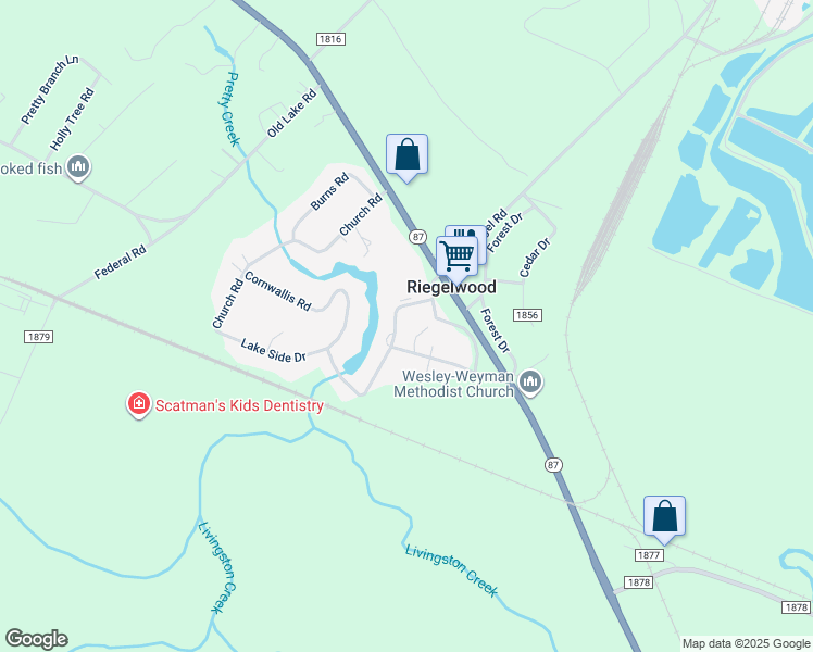 map of restaurants, bars, coffee shops, grocery stores, and more near 103 Waccamaw Road in Riegelwood