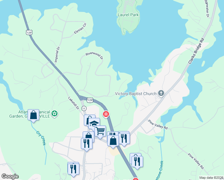 map of restaurants, bars, coffee shops, grocery stores, and more near 2004 Riverwood Drive in Gainesville