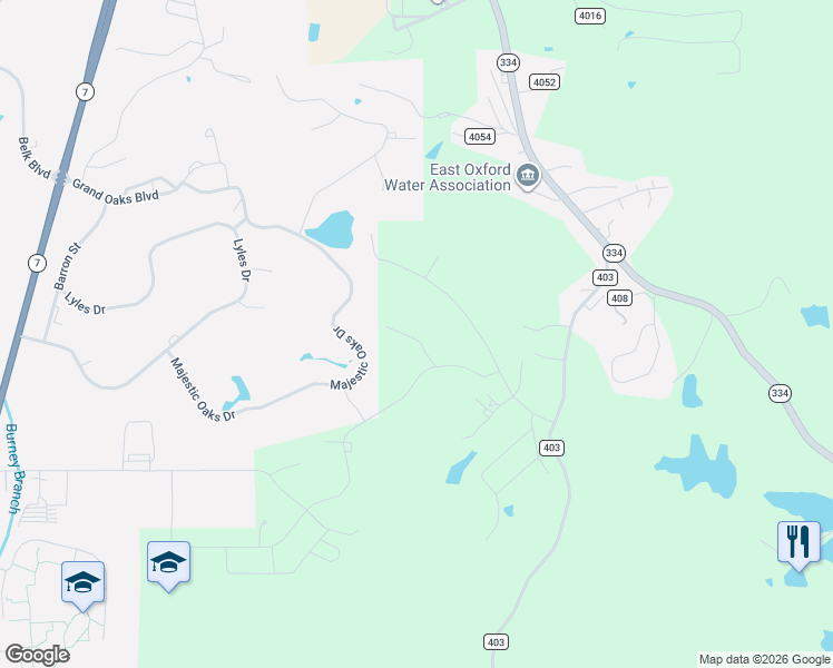 map of restaurants, bars, coffee shops, grocery stores, and more near 3842-3876 Majestic Oaks Drive in Oxford