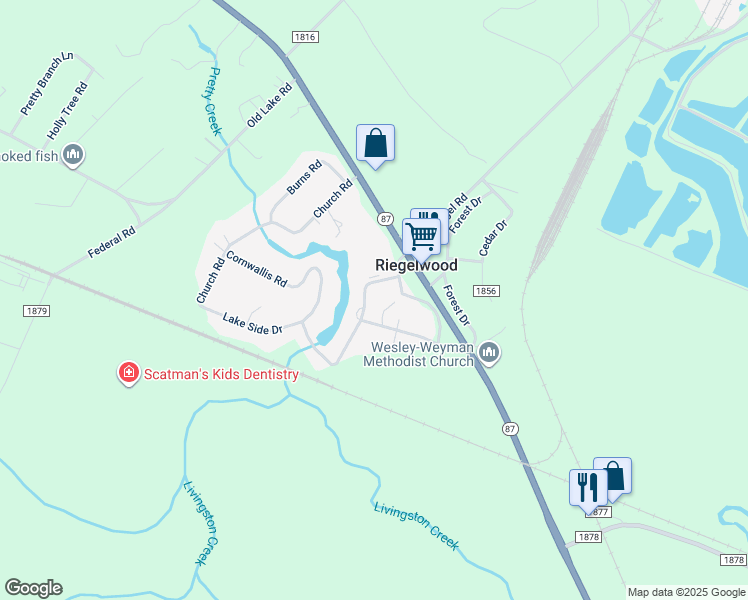 map of restaurants, bars, coffee shops, grocery stores, and more near 103 Waccamaw Road in Riegelwood