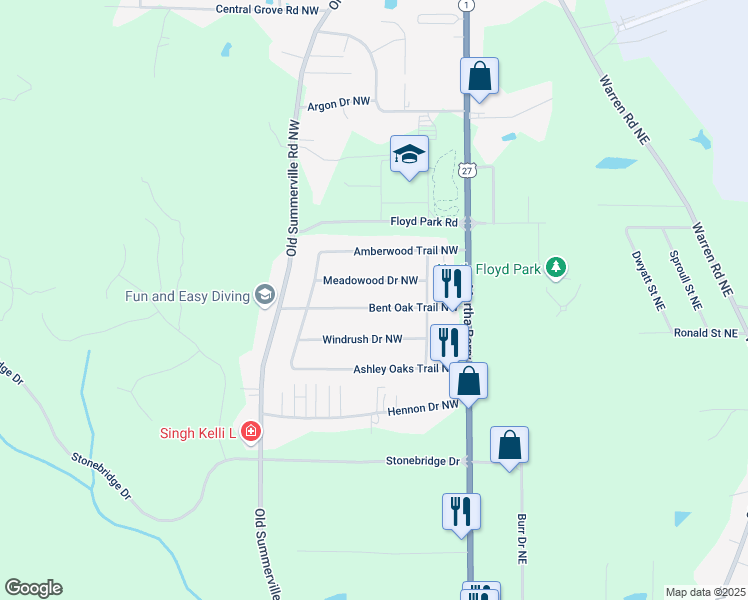 map of restaurants, bars, coffee shops, grocery stores, and more near 23 Bent Oak Trail Northwest in Rome