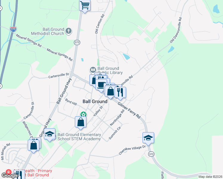 map of restaurants, bars, coffee shops, grocery stores, and more near 315 Gilmer Ferry Road in Ball Ground