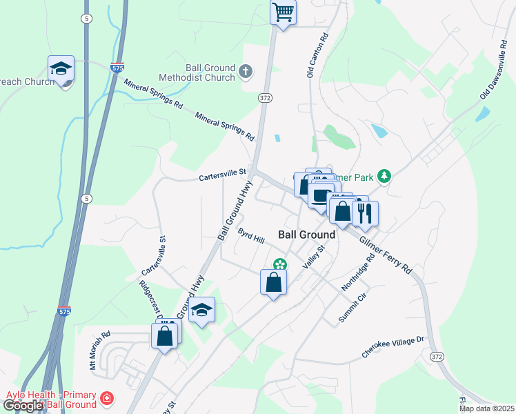 map of restaurants, bars, coffee shops, grocery stores, and more near 125 Strippling Street in Ball Ground