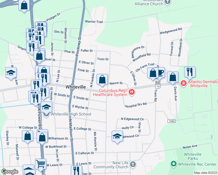 map of restaurants, bars, coffee shops, grocery stores, and more near 804 North Thompson Street in Whiteville