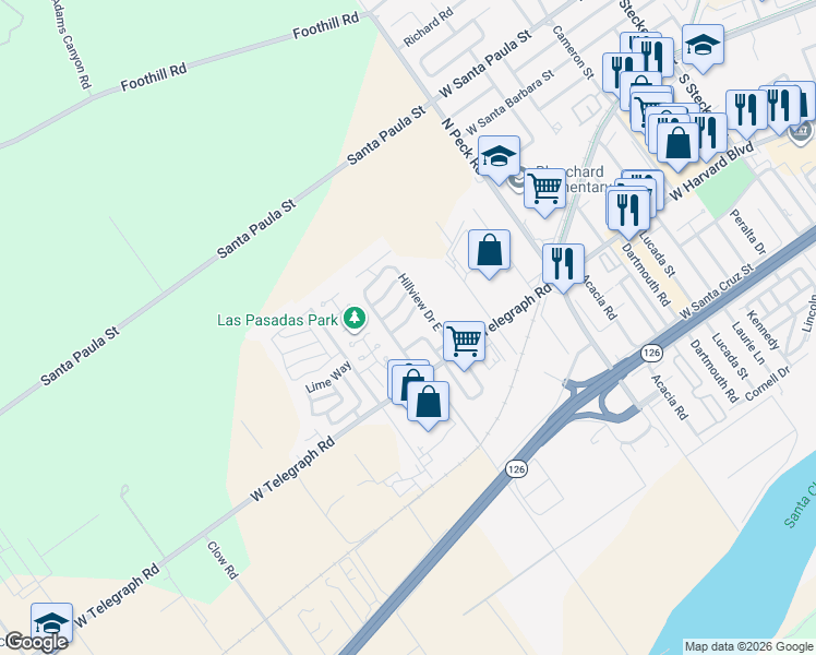 map of restaurants, bars, coffee shops, grocery stores, and more near 975 West Telegraph Road in Santa Paula