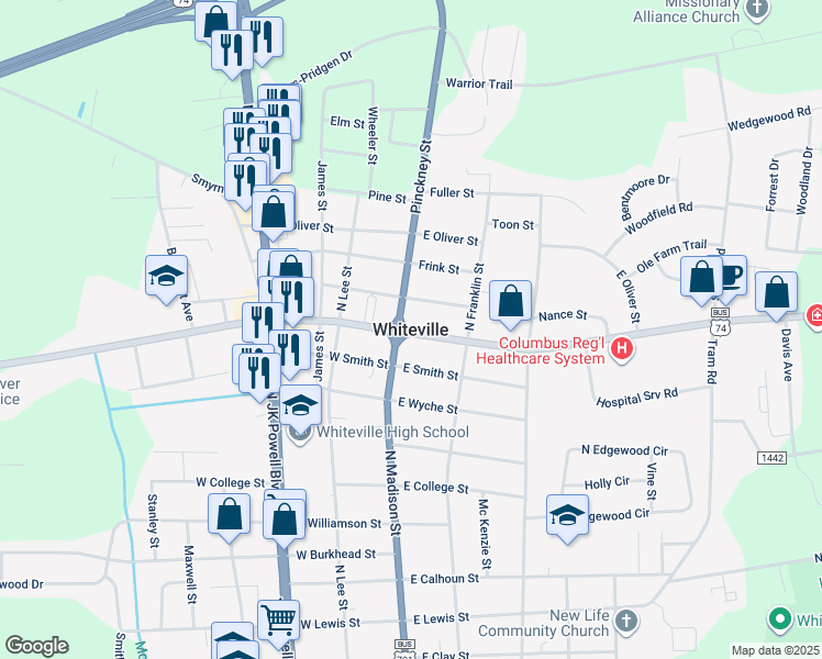 map of restaurants, bars, coffee shops, grocery stores, and more near in Whiteville