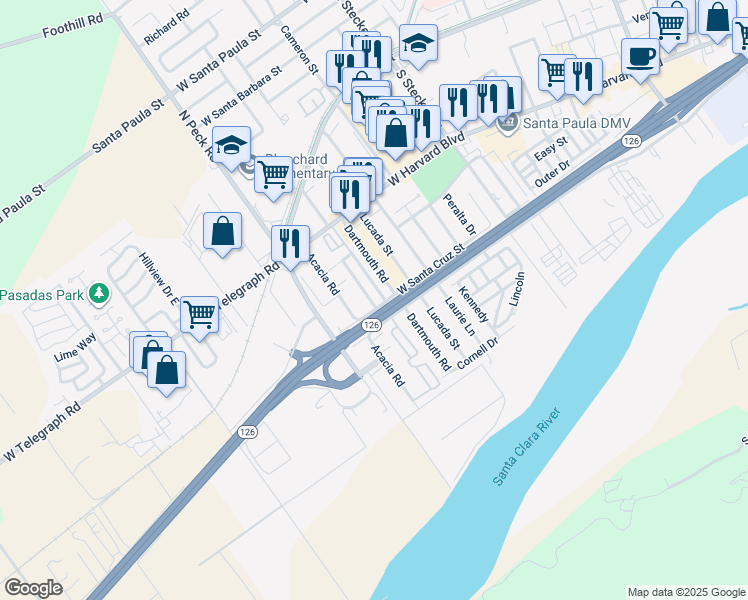 map of restaurants, bars, coffee shops, grocery stores, and more near 710 West Harvard Boulevard in Santa Paula