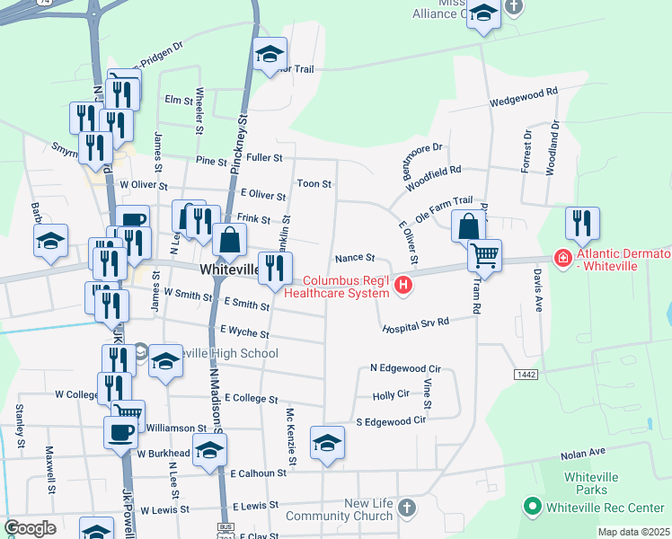 map of restaurants, bars, coffee shops, grocery stores, and more near 308 Nance Street in Whiteville