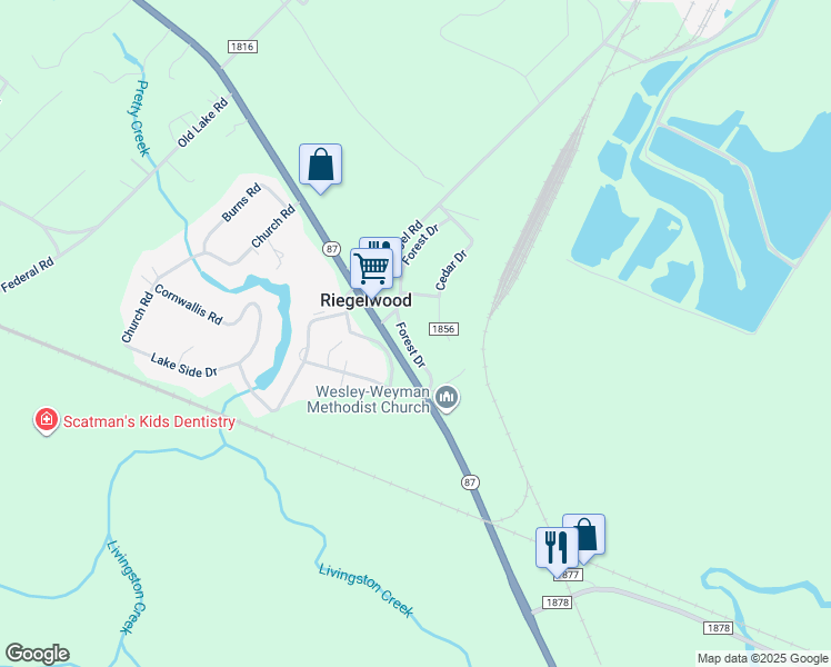 map of restaurants, bars, coffee shops, grocery stores, and more near 112 Forest Drive in Riegelwood