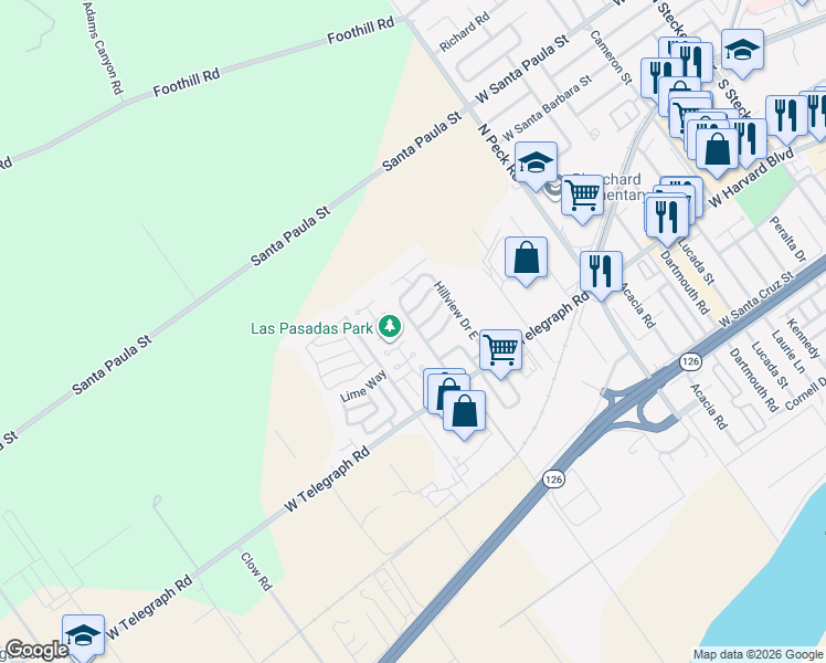 map of restaurants, bars, coffee shops, grocery stores, and more near 975 West Telegraph Road in Santa Paula
