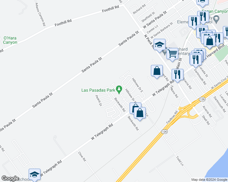 map of restaurants, bars, coffee shops, grocery stores, and more near 1082 Via Pacifica in Santa Paula